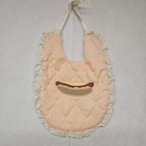 Handmade Hot Dog Peach Quilted Baby Bib Ruffle Lace Trim Satin Bow Vintage